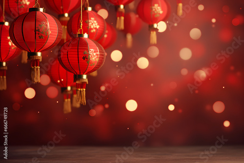 Chineese New Year traditional lanterns. Golden Bokeh lights on the blurred red background. Chinese New Year festive wallpaper
