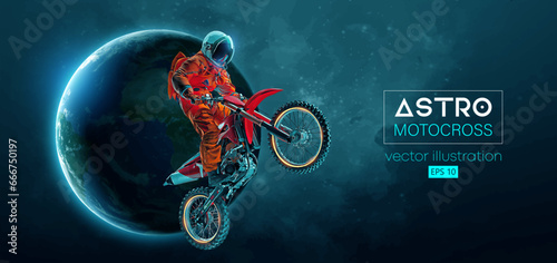 Abstract silhouette of a motocross rider, astronaut is doing a trick, in space action and Earth, Mars, planets on the background of the space. Enduro motorbike sport transport. Vector illustration