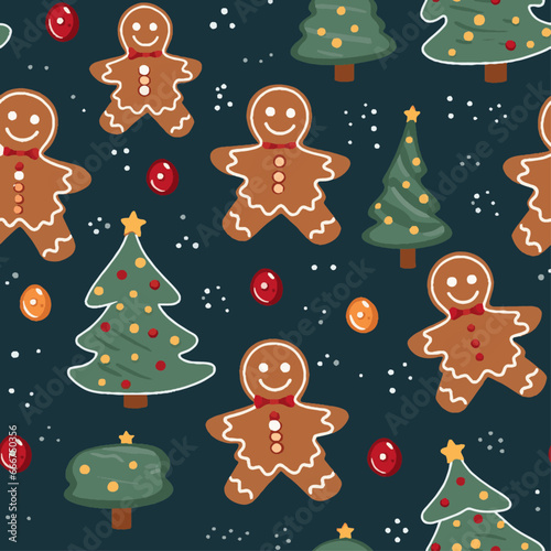 seamless pattern with christmas trees and gingerbread cookies