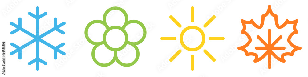 Four seasons line icon set: winter, spring, summer, autumn. Snowflake, flower, sun and maple leaf outline symbols collection. Vector graphics - obrazy, fototapety, plakaty 