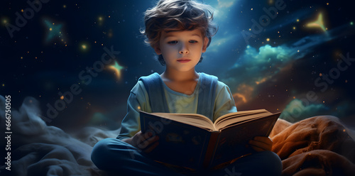 Little boy reading book before sleeping photo
