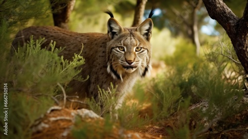Iberian Lynx Stalking Prey in Mediterranean Landscape