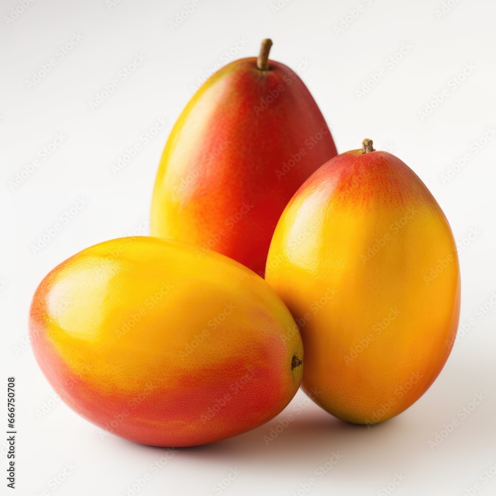 A group of three mangoes on a white surface. Photorealistic, on white background A group of three mangoes on a white surface. Photorealistic, on white background