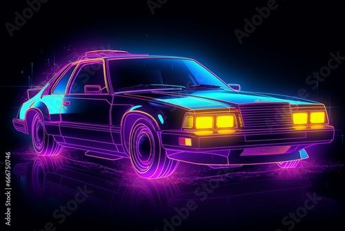 Futuristic car with neon backlight contours in cyberpunk retro wave style. Generative AI