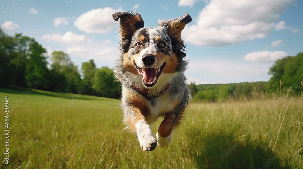 Energetic Australian Shepherd running in a lush open field Energetic Australian Shepherd running in a lush open field