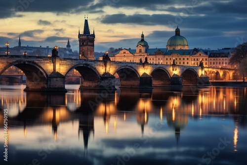 City view of Charles Bridge in the evening. Generative AI