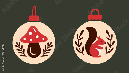 Christmas cottage decorations. Cute mushroom and squirrel inside Christmas Ball. Cottagecore tree baubles set decor minimalist printable vector. 