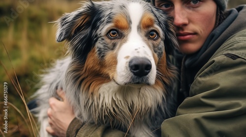"Unbreakable Bond: An Australian Shepherd and Its Owner on an Outdoor Adventure"