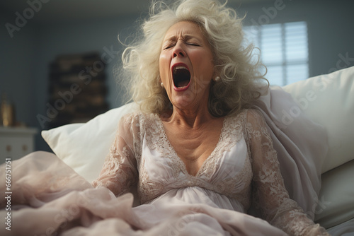 tired yawing woman in white bed in the morning