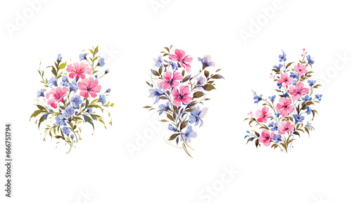 Watercolor blue and pink wild flowers set vector template.