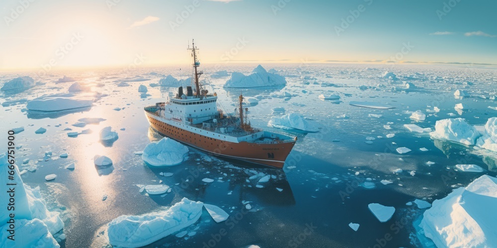 Obraz premium Aerial View of an Ice Floe with Towering Icebergs, Where a Sailboat and Icebreaker Venture Through the Frozen Waters, Spotlighting Environmental Concerns like Melting Ice, CO2 Emissions