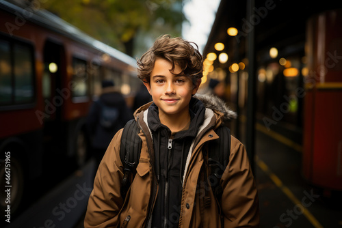 Obraz na plátne Young boy in a winter jacket awaiting his train, emanating confidence amid a bustling urban backdrop