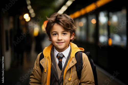 Fotografia, Obraz Charming schoolboy waiting at the train station, confidently looking forward with backpack and stylish attire