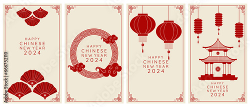 Vertical Chinese New Year 2024 backgrounds with fan, clouds and Chinese lanterns. Vector illustration