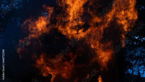 Firestorm close up, flaming fire burning. Smoke and fire billowing out, Burning fire full frame