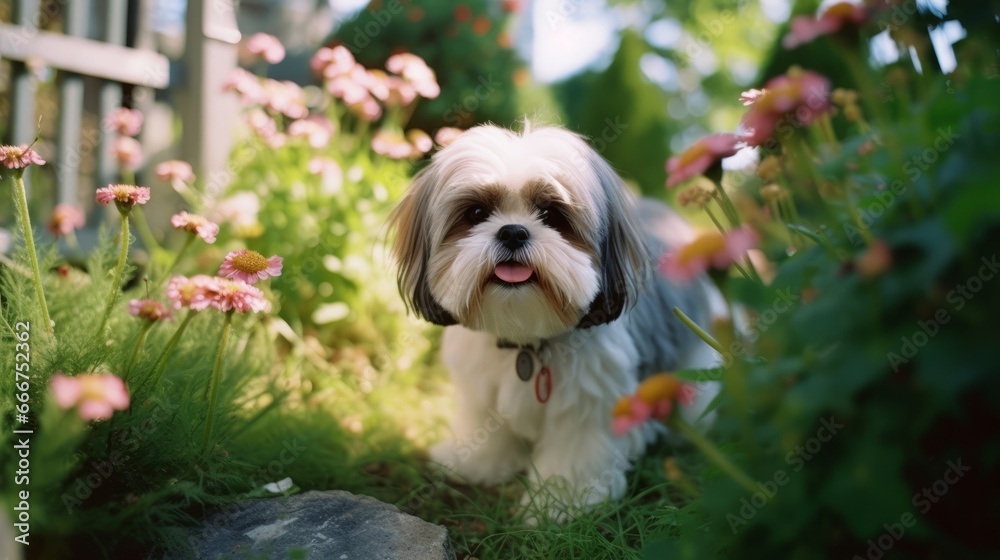 Playful Shih Tzu in a Beautifully Landscaped Garden Playful Shih Tzu in a Beautifully Landscaped Garden