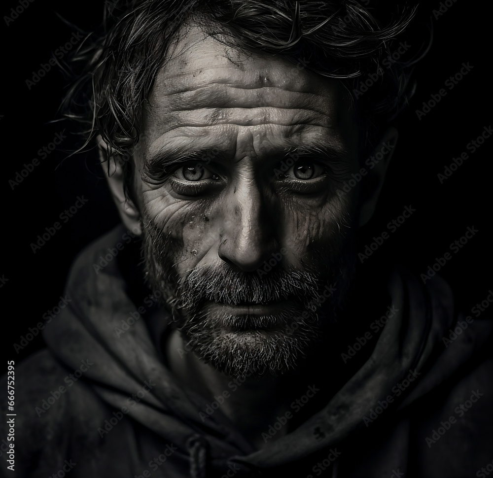 Portrait of a homeless man in black and white, noticeable facial features, wrinkles and very expressive eyes. Close up, beard and mustache, dirty clothes, sad look, old man.