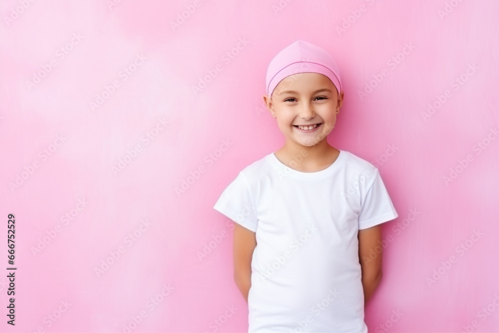 A young child with a smile, wearing a cancer awareness shirt, love and creativity with copy space A young child with a smile, wearing a cancer awareness shirt, love and creativity with copy space