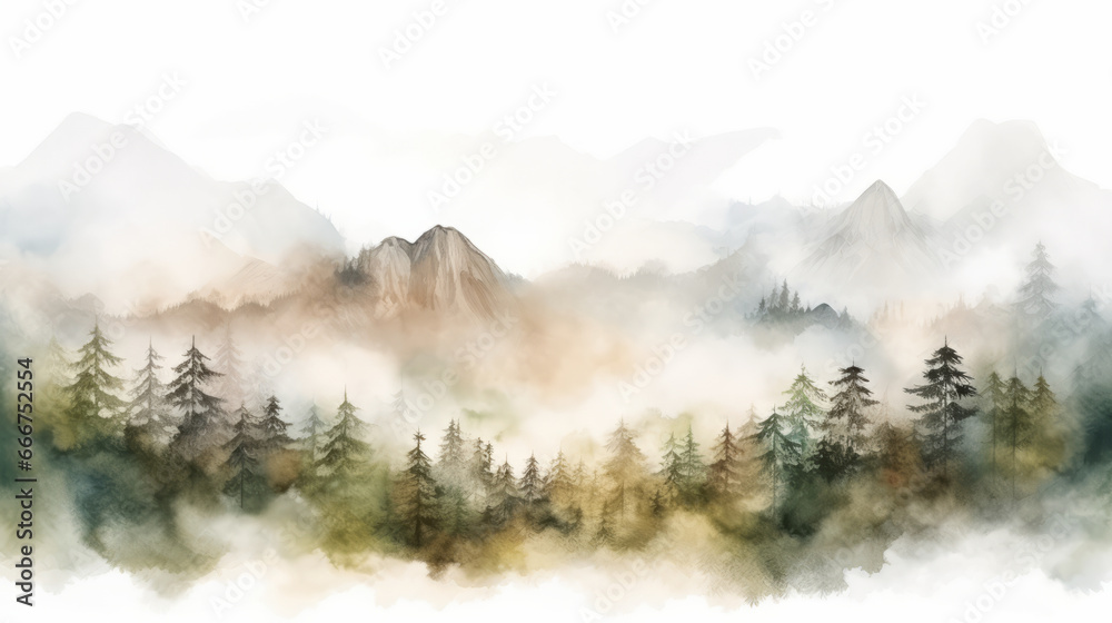 A serene landscape painting of a mountainous forest scene