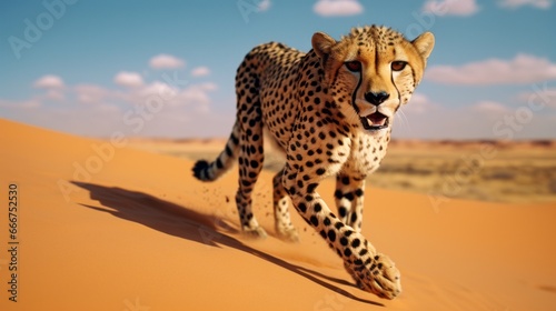 Saharan Cheetah Sprinting Across Arid Sands