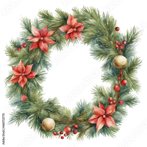 A Christmas Wreath  Isolated PNG  Transparent Background  Watercolor Illustration  Handpainted Style  Christmas Card Decoration  Generative AI