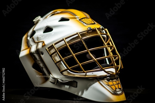 White and yellow hockey goalie helmet. Generative AI