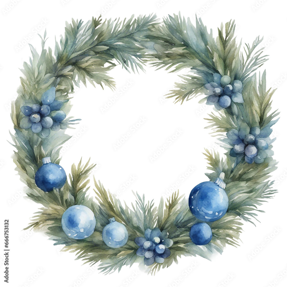 A blue Christmas Wreath, Isolated PNG, Transparent Background, Watercolor Illustration, Handpainted Style, Christmas Card Decoration, Generative AI A blue Christmas Wreath, Isolated PNG, Transparent Background, Watercolor Illustration, Handpainted Style, Christmas Card Decoration, Generative AI