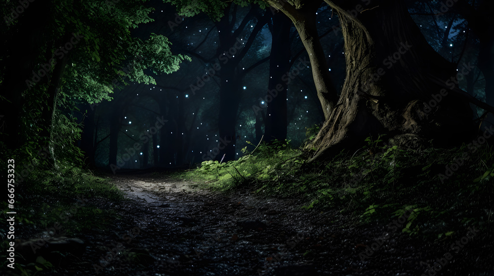 Mystical Forest Path Illuminated by Fireflies at Night.