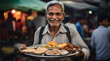 Elderly Street Vendor Proudly Presenting Traditional Food in Busy Market