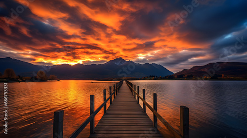 Fiery Sunset Over Mountain Lake with Wooden Pier