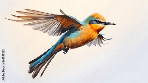 Vibrant Bird in Mid-Flight with Striking Feathers and Intense Gaze.