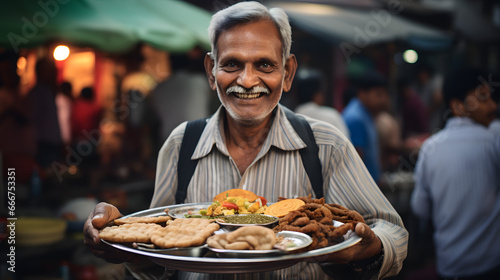 Elderly Street Vendor Proudly Presenting Traditional Food in Busy Market
