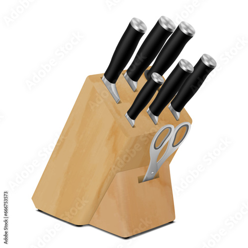 Knifes and kitchen scissors in a wooden stand. Hardened steel: chef knife, versatile and for slicing fruits and vegetables. For restaurants, cafes and home cooking. realistic 3d vector illustration.