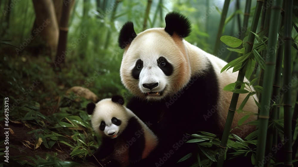 Giant Panda Mother and Cub in Bamboo Forests of Sichuan, China