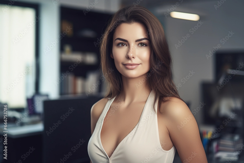 Smiling sexy Businesswoman with Work Partners in Office
