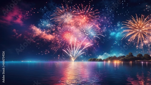 "Vibrant Fireworks Painting the Night Sky Over a Sparkling Lake"