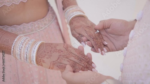 Indian Hindu Couple holding each other hands during their marriage Function. Close up slow motion Video.