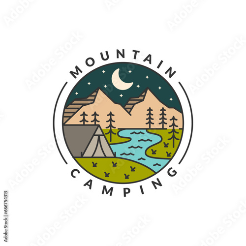 night camp mountain badge vector illustration. mountain and tent monoline or line art style. design can be for T-shirts, sticker, printing needs