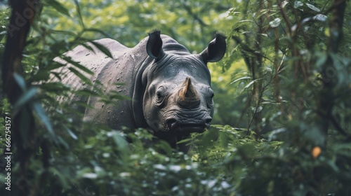 Javan rhinoceros emerging from dense jungle foliage