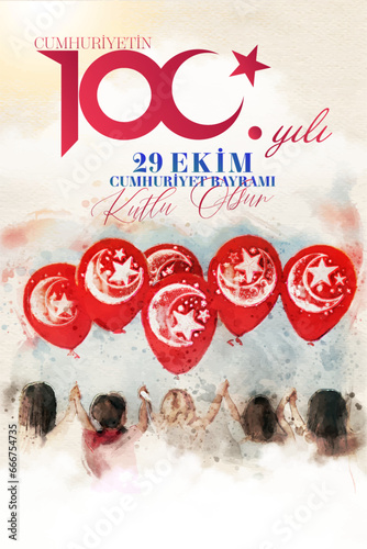 Ankara Turkey-29 October 1923. Translation:100th anniversary of the Republic-29 October Turkish Republic Day, Happy Celebration illustration (Turkish: 29 Ekim Cumhuriyet Bayramı Kutlu Olsun)