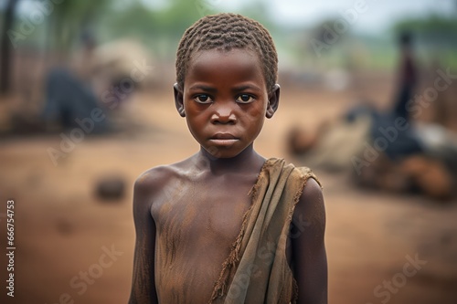 African boy in poor village in Africa. Social issues of third world countries.