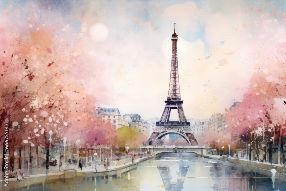 Spring in Paris with pink sakura cherry trees in bloomEiffel Tower view watercolor illustration 