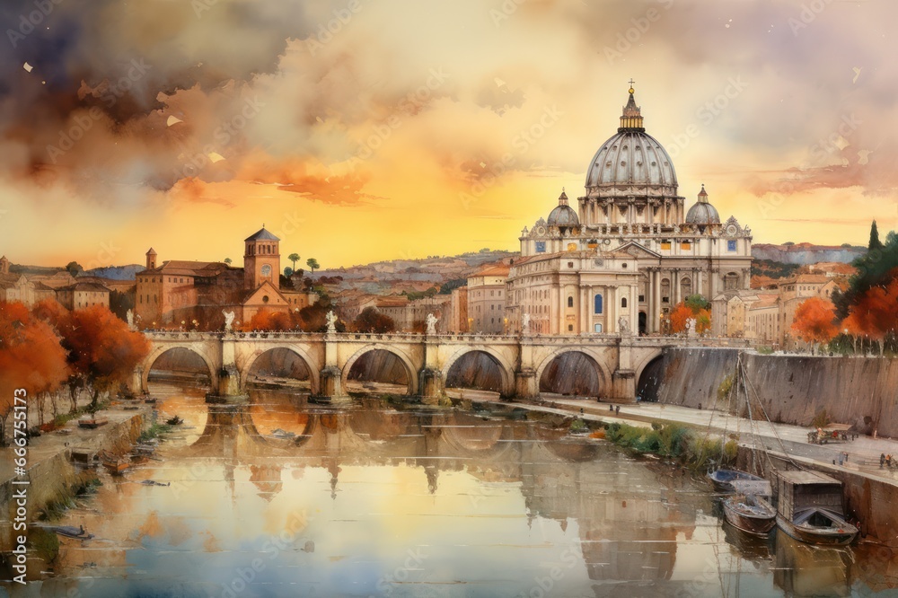 Rome postcard view watercolor illustration of cathedral and bridge at sunset