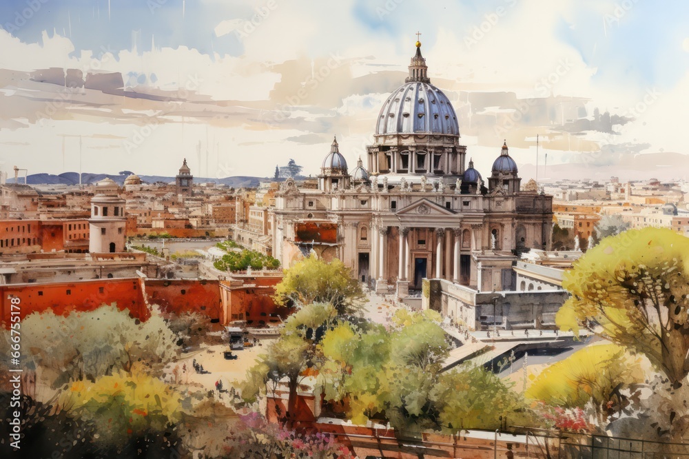 Rome aerial postcard view watercolor illustration