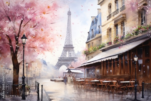 Spring in Paris with pink sakura cherry trees in bloomEiffel Tower view watercolor illustration 