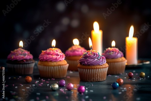 Dark background with festive birthday cupcakes and candles. Generative AI