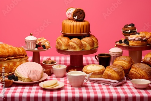 Assorted mouthwatering pastries on a pink striped backdrop. Generative AI