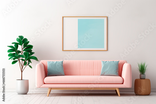 Mid-century modern living room with a pink sofa and a large mock-up canvas poster on a white wall.