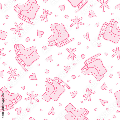 Cute pink skates, hearts and snowflakes seamless vector pattern tile. Winter textile print for baby girl, background and wrapping paper 