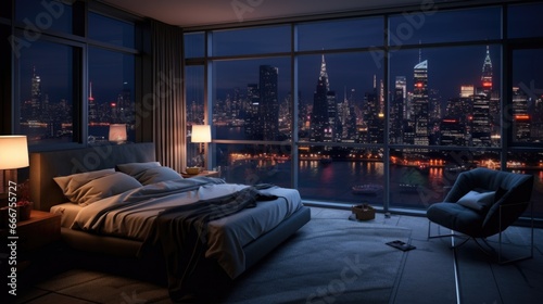 A bedroom with a view of a city at night © Maria Starus